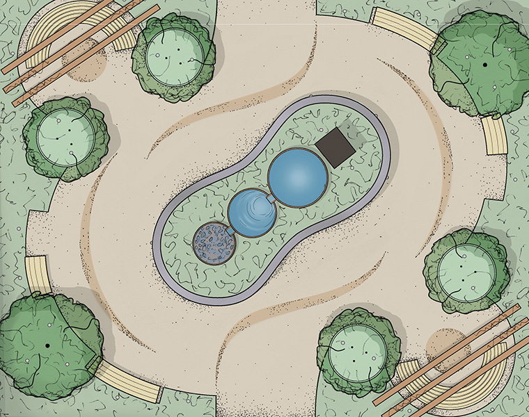 Overhead masterplan view of a contemporary garden design with water feature