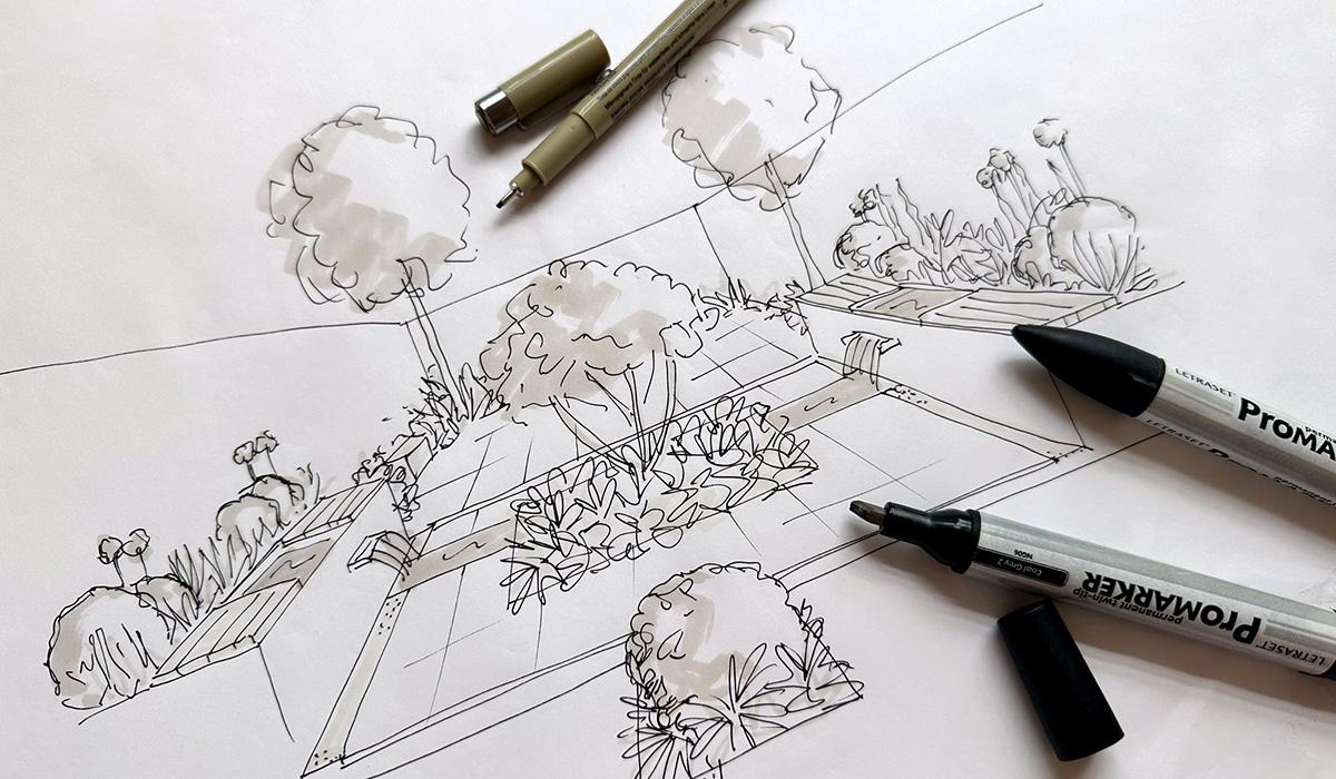 Sketched designs for a contemporary garden in Gloucestershire